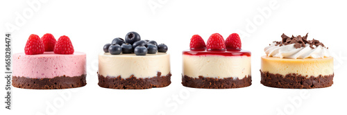 Delicious mini cheesecakes with various toppings including raspberries, blueberries, and chocolate. Perfect for dessert lovers