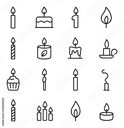 Linear candle icons set featuring birthday, flame, tealight, and candelabra symbols