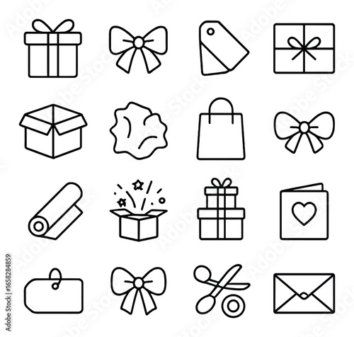 Linear shopping icon set featuring gift, tag, bow, box, bag, ribbon, scissors, and envelope