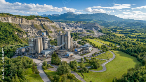 Industrial cement plant surrounded by lush green landscape and mountains, showcasing modern architecture and machinery in a serene natural environment with clear blue sky