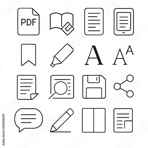 Linear document icon set featuring pdf, ebook, text file, bookmark, highlighter, and share symbols