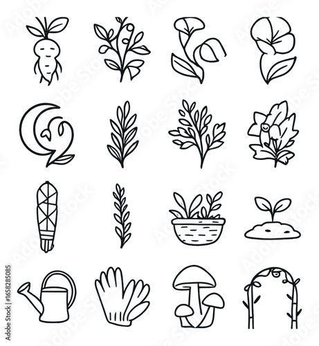 Silhouette gardening icon set featuring plants, watering can, mushrooms, gloves, and moon