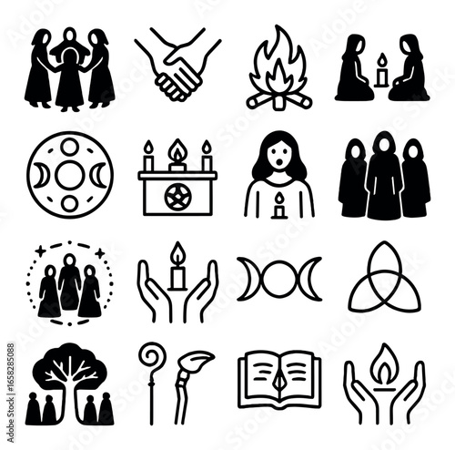 Silhouette wiccan icons set featuring moon phases, ritual, candles, goddess, and altar symbols