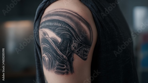 Close-up of a detailed black and grey tattoo depicting a fictional sci-fi creature on a person's upper arm.