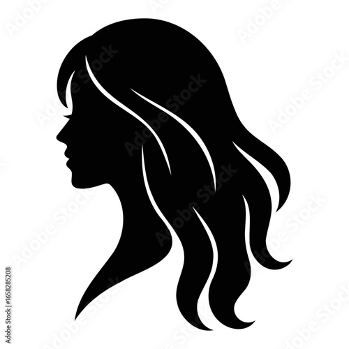 Silhouette of a woman with long wavy hair viewed from the side in black color