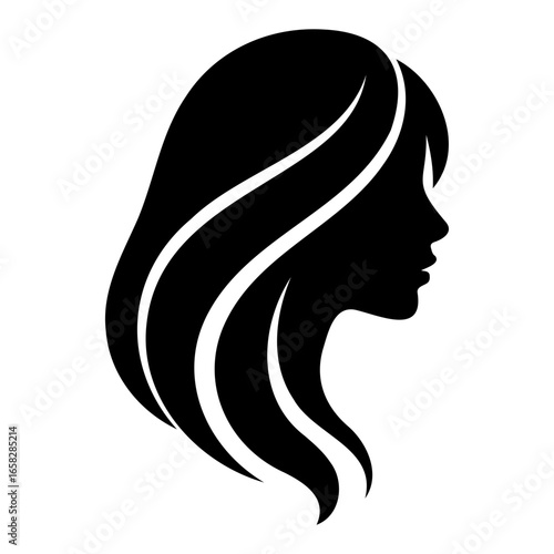 Silhouette of a woman with long wavy hair viewed from the side in black color