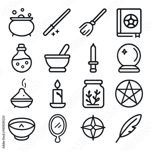 Linear mystical icons set featuring cauldron, broom, safe, potion, mortar, candle, crystal ball, and pentagram