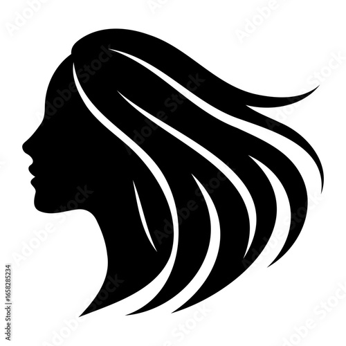 Silhouette of woman with long flowing hair in black and white profile view art