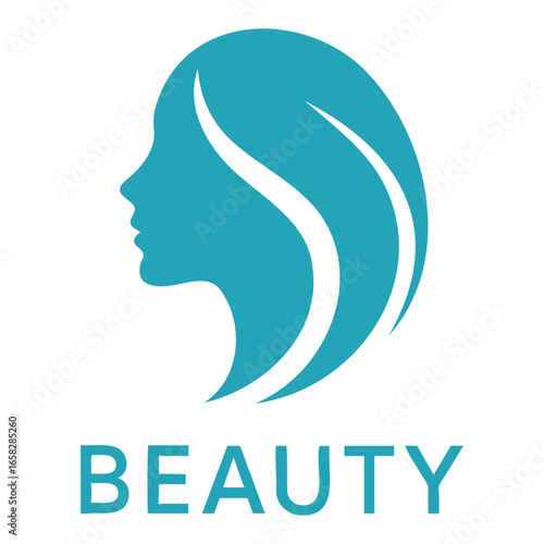 Teal silhouette of a woman's head with flowing hair beauty logo design art