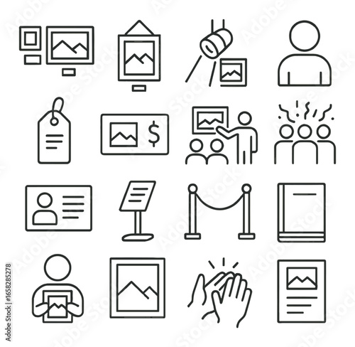 Linear art exhibition icons set featuring painting, audience, gallery, profile, and signage symbols
