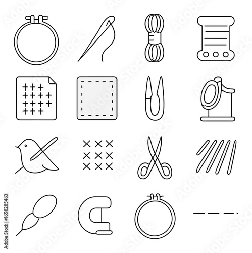 Linear sewing icon set featuring hoop, needle, thread, fabric, scissors, and thimble symbols