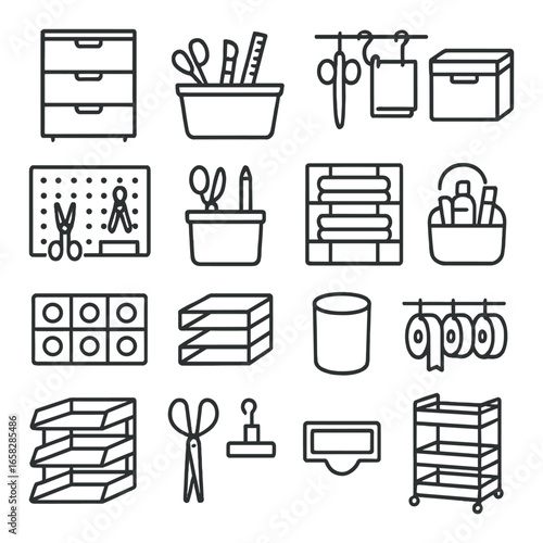 Linear home office icon set featuring scissors, drawers, organizer, boxes, and stationery symbols