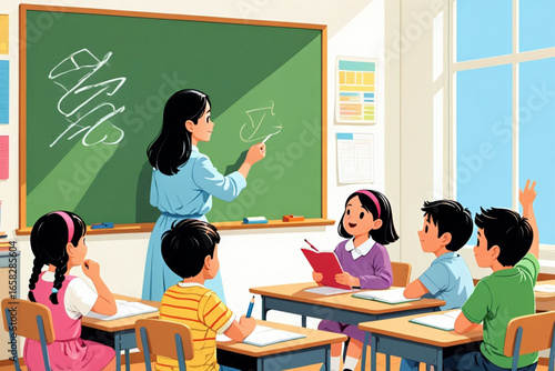 Educational Classroom Vector with Teacher and Diverse Children