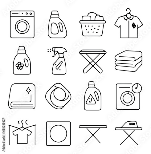 Linear laundry icon set featuring washing machine, detergent, basket, clothes, spray, and iron symbols