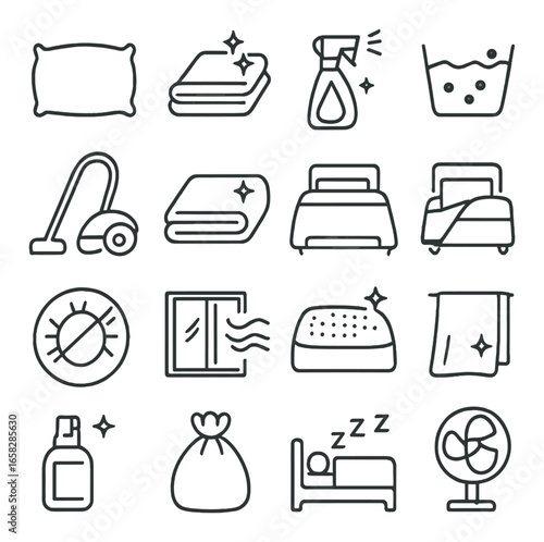 Linear cleaning and bedding icons set featuring pillow, vacuum, detergent, mattress, and towel symbols