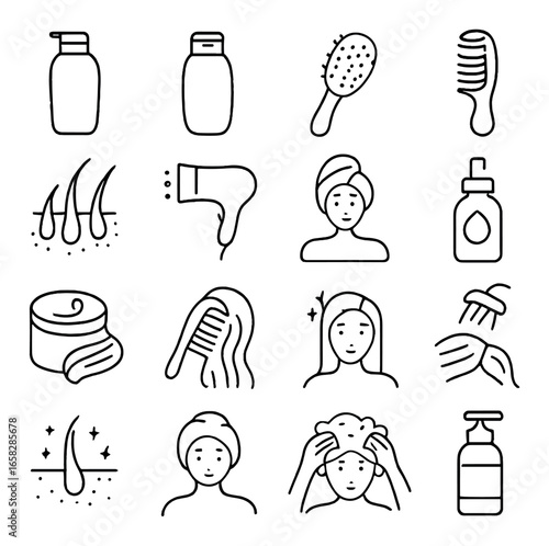 Linear haircare icon set featuring shampoo, conditioner, hairbrush, comb, hairdryer, and cream symbols