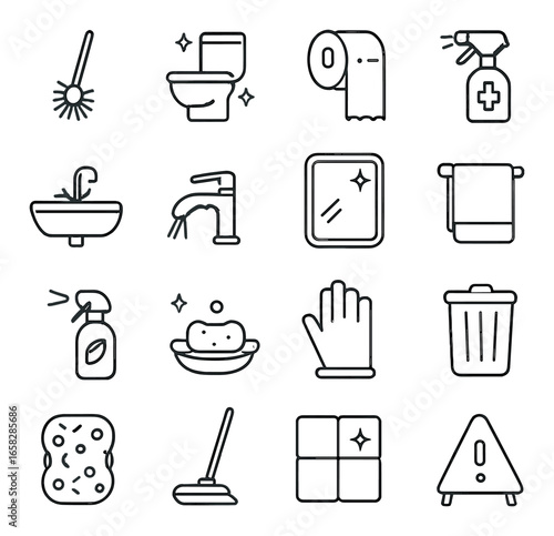 Linear cleaning icon set featuring toilet, brush, soap, sink, glove, trash can, towel, and spray symbols