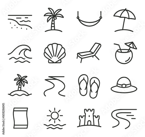 Linear beach icon set featuring palm tree, hammock, umbrella, wave, shell, chair, drink, sunset