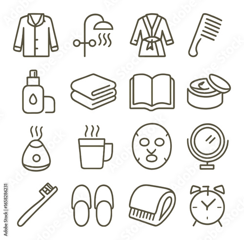 Linear bathroom icon set featuring shower, bathrobe, comb, lotion, towel, book, cream, diffuser, mug, mask, mirror, toothbrush, slippers, blanket, alarm clock