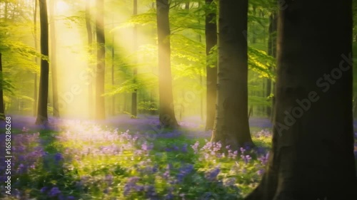Sunlit Forest with Blooming Wildflowers and Soft Rays of Light – Serene Spring Woodland Scene