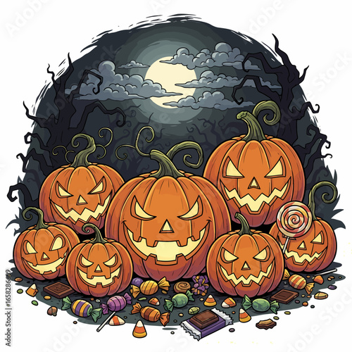 A spooky gathering of glowing jack-o'-lanterns and scattered candy under a dark, cloudy moonlit sky.