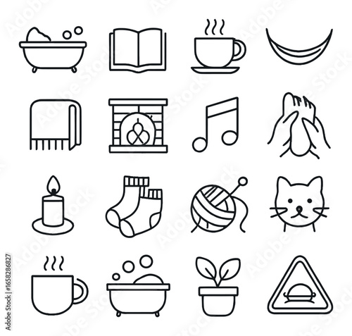 Linear cozy icon set featuring bath, book, coffee, hammock, towel, and fireplace symbols