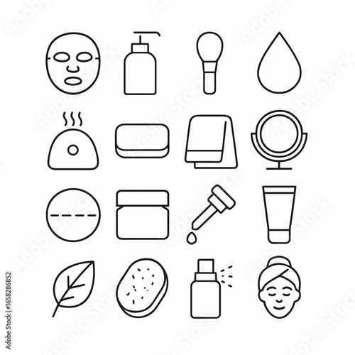 Linear skincare icon set featuring mask, bottle, brush, drop, steamer, soap, towel, and mirror symbols