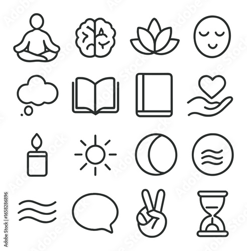Linear meditation icon set featuring yoga, mind, nature, relax, candle, and peace symbols