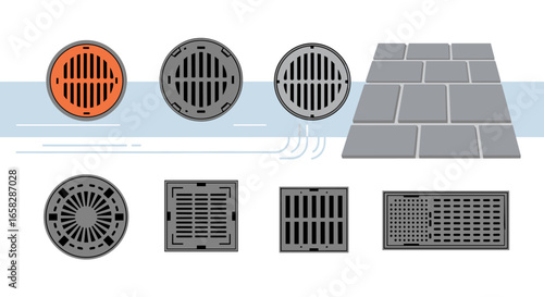Collection of various drainage grates and covers for stormwater management and public infrastructure development projects
