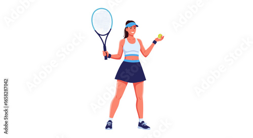 Young professional female tennis player ready for championship match holding racquet and ball on court