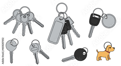 Collection of assorted keys and keychains including a cute cartoon dog accessory for secure access and organization