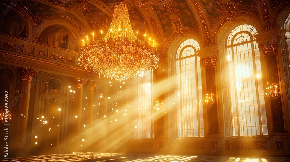 Obraz premium Grand hall, golden light streams through large windows