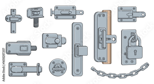 Collection of various metal security locking mechanisms and hardware components