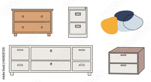 An assortment of stylish storage furniture including dressers filing cabinets and side tables for modern living spaces