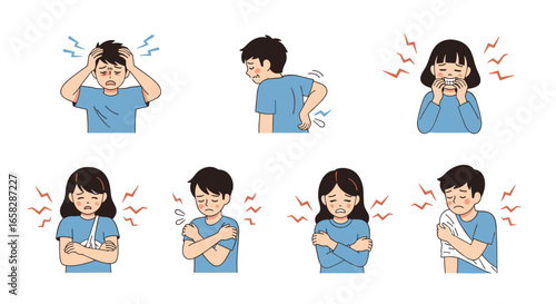 Illustrations depicting various physical discomforts and emotional distress experienced by people