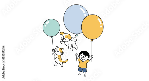 Adorable cartoon dog cat and boy floating happily holding balloons together on a white background