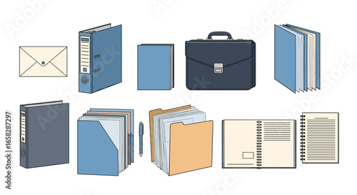 A comprehensive collection of essential office supplies and business document management tools for organized professionals