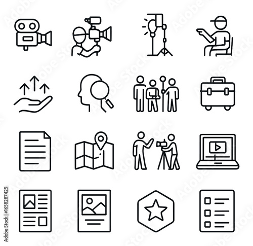 Linear video production icons set featuring camera, director, crew, storyboard, and editing symbols