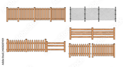 Collection of different wooden picket fence styles and chain link metal fence section styles for outdoor property boundary definition