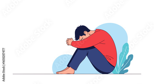 Feeling alone and overwhelmed seeking comfort in difficult times amidst green foliage illustration