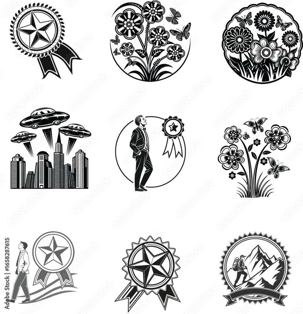 Naklejka premium Vintage circular stamps with nature and city landscape designs