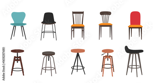 Collection of various style chairs and stools for modern home and commercial interiors design inspiration