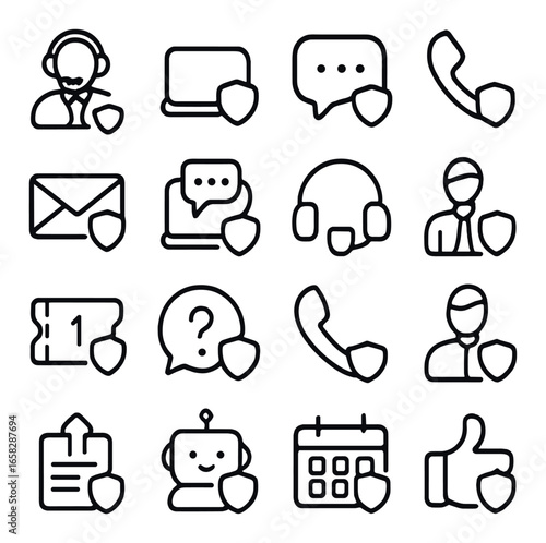 Linear customer support icons set: headset, chat, email, calendar, faq, thumbs up, phone, robot