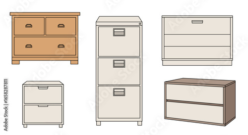Various furniture designs for home office storage solutions featuring drawers and filing cabinet units for organization