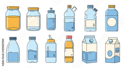 Collection of various beverage containers and liquid packaging designs