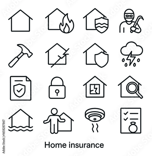 Linear home insurance icon set featuring house, fire, burglar, hammer, lightning, lock, and checklist symbols
