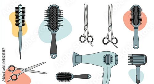 Collection of essential professional hair styling tools and accessories for salon use