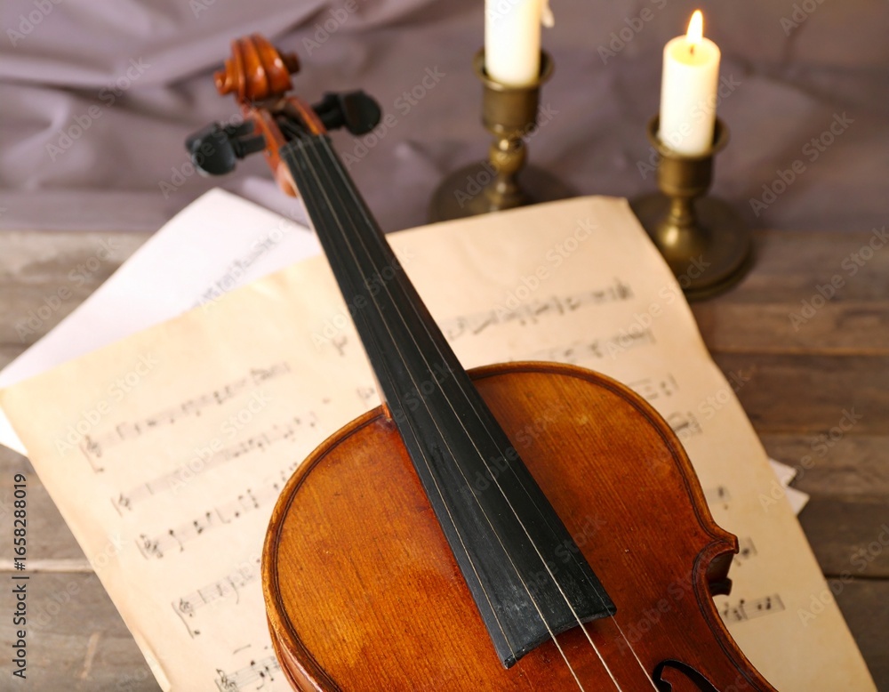 Fototapeta premium Elegant Violin Placed Beside Candle and Music Notes