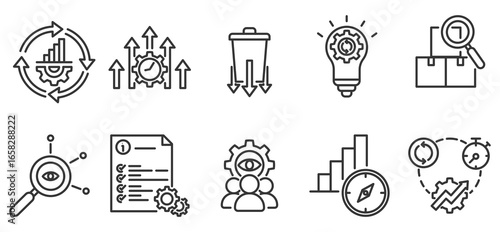 Kaizen Illustration Icon Pack in Creative Outline Style for Business Productivity Process Improvement Lean Management and Quality Control Design