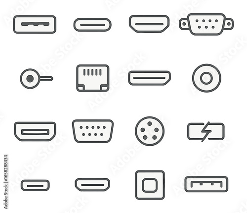 Linear connector icons set featuring hdmi, usb, vga, dvi, ethernet, micro usb, lightning, audio jack, and power symbols